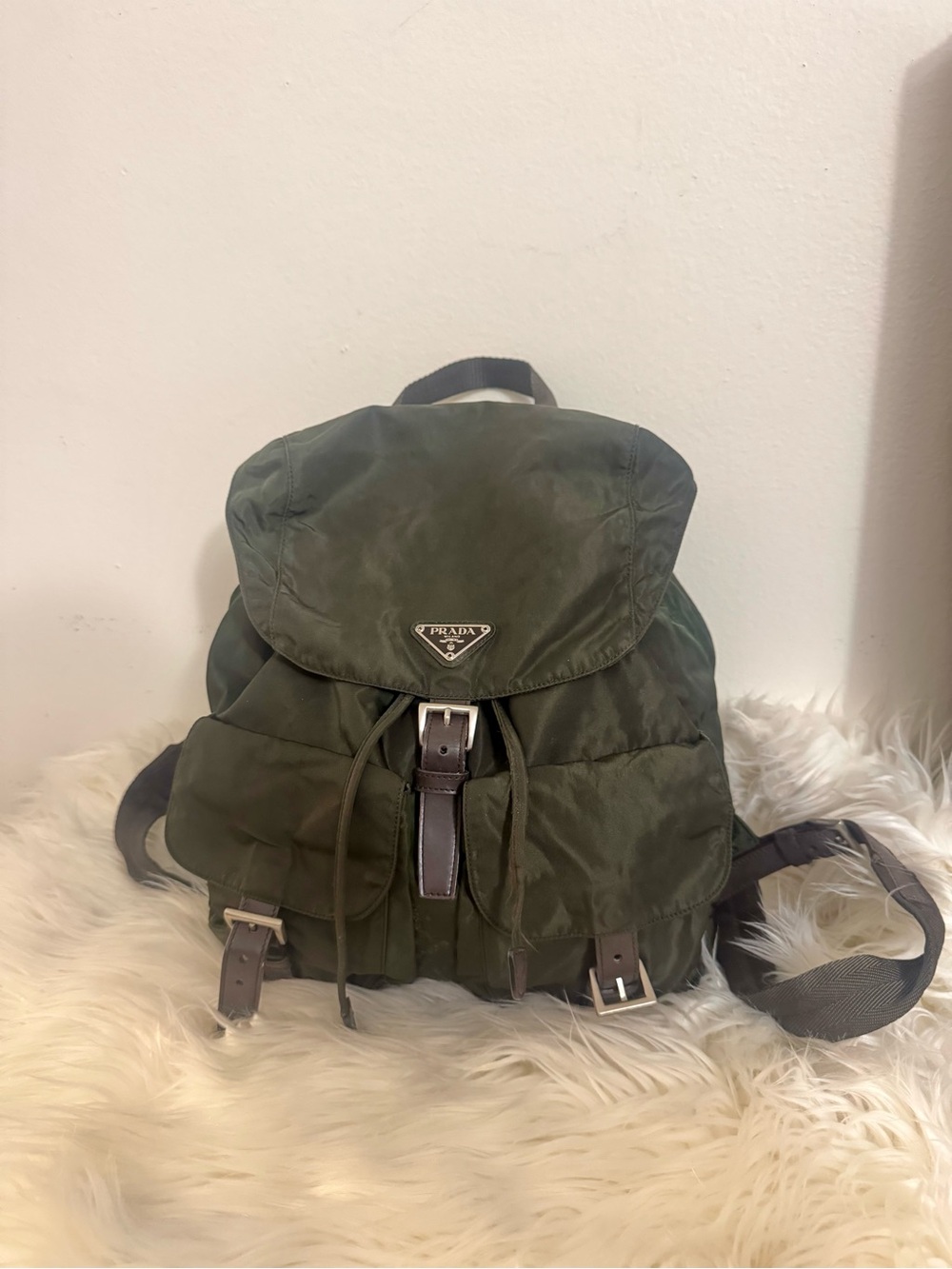 Prada Olive Green Nylon Backpack with Leather Trim